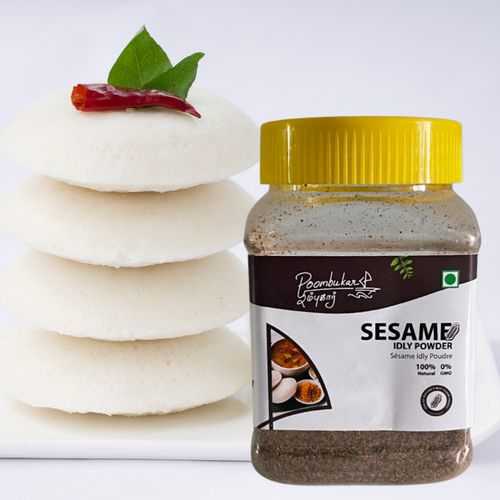 Container of Sesame idly powder behind  idly breakfast indian-Poombukar