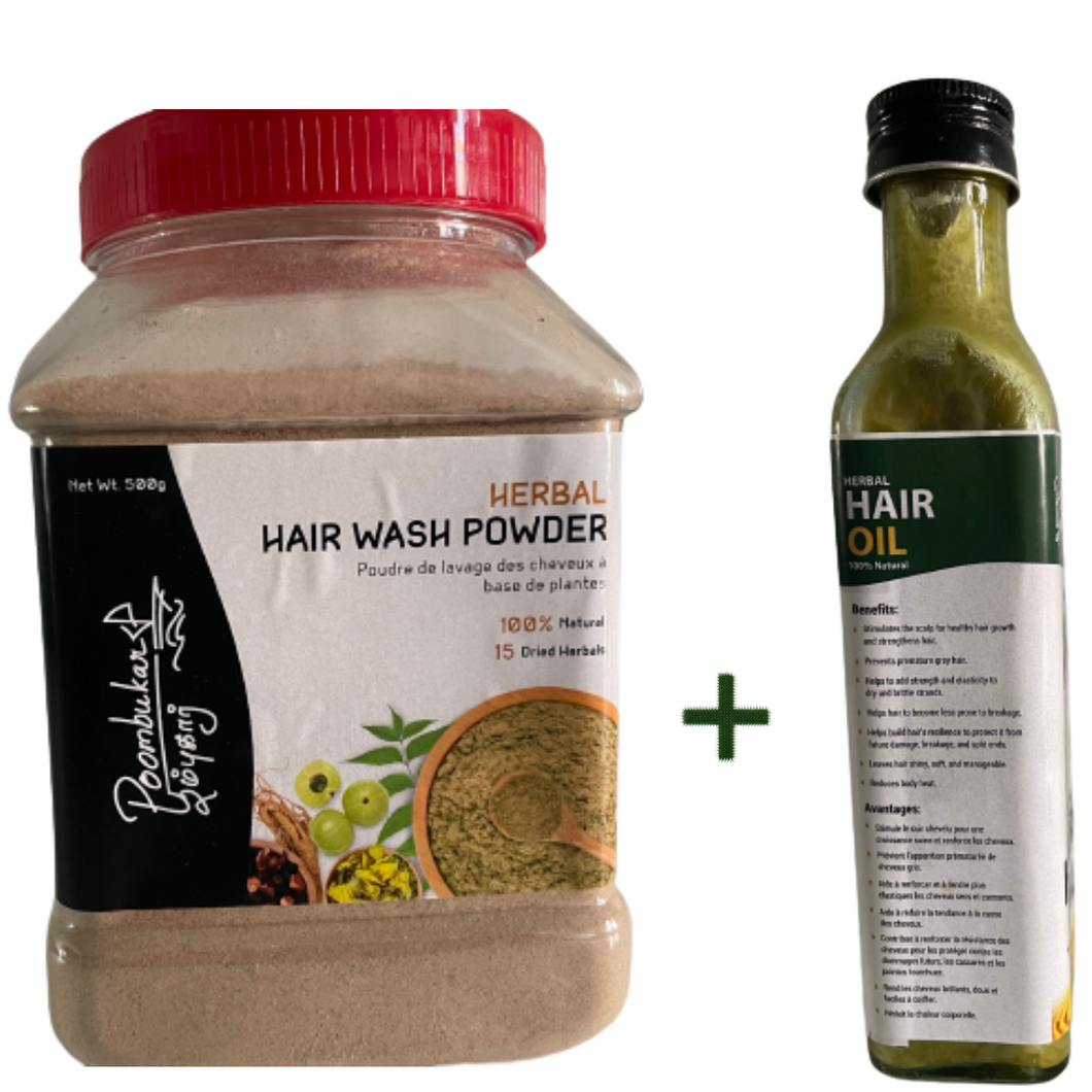 Poombukar Herbal Hair Care Combo - Lavage des cheveux avec de l'huile capillaire à base de plantes - Solution pour vos soins capillaires