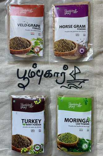 A combo of veld grape powder, horse gram powder, turkey berry powder, and moringa leaf powder, a blend of nutrient-rich superfoods for enhanced health benefits-Poombukar