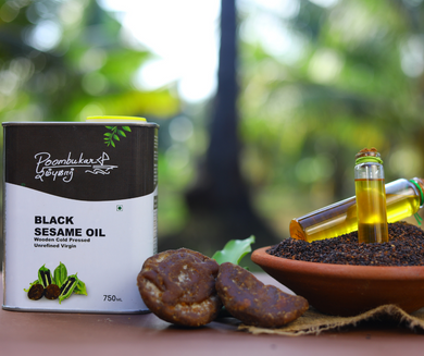 750ml Black Sesame Oil Container – High-quality cold-pressed black sesame oil in a sturdy, easy-to-pour bottle. Perfect for cooking. 100% pure and natural, sealed to preserve its rich flavor and nutrients-Poombukar-Montreal-Canada